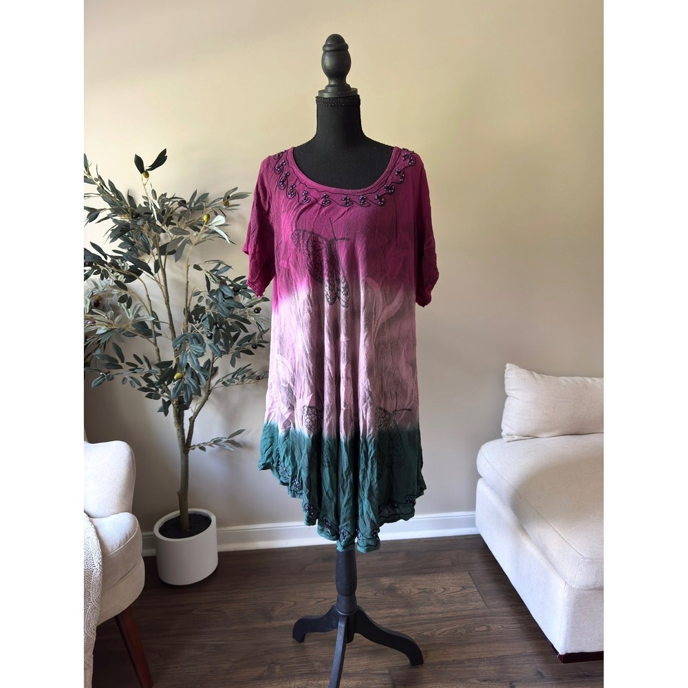 GreaterGood Tie Dye Beaded Butterfly Tunic Top Handkerchief Hem Pink Green Plus - Picture 1 of 4